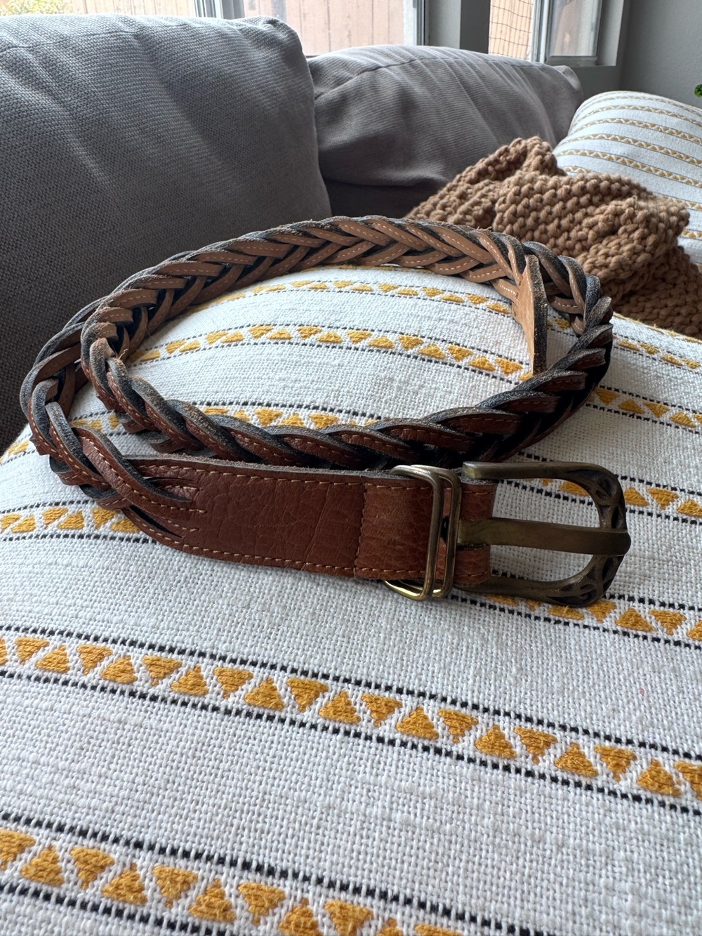 Womens genuine leather woven belt braided brown